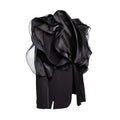 Elegant black blazer coat with ruffle decoration and shawl collar, designed for a slim fit.