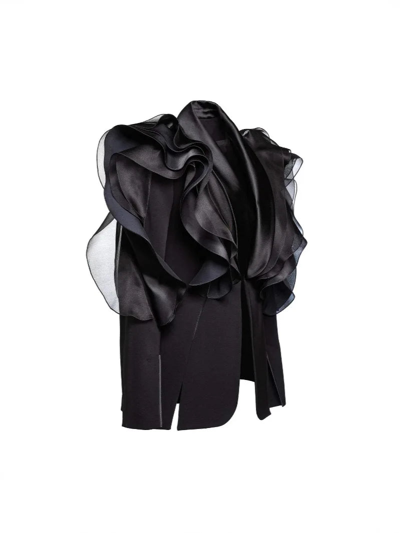 Elegant black blazer coat with ruffle decoration and shawl collar, designed for a slim fit.