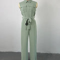 Women Pocket Front Zipper Sleeveless Wide Leg Jumpsuit One Piece Suit 