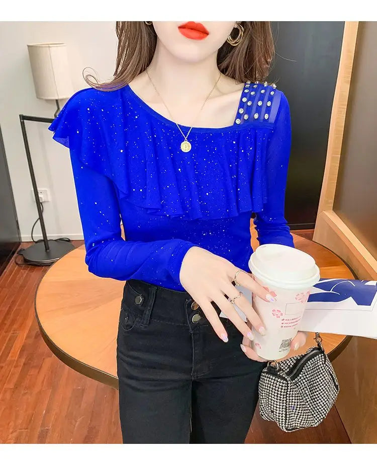 Sweet Skew Collar Spliced Gauze Ruffles Beading Blouse Female ClothingSPECIFICATIONSBrand Name: COZOKStyle: SweetElasticity: Slight StrechOrigin: Mainland ChinaSeason: Spring/SummerFabric Type: blendedMaterial: POLYESTERPattern Type: SDMEwomenstorenull