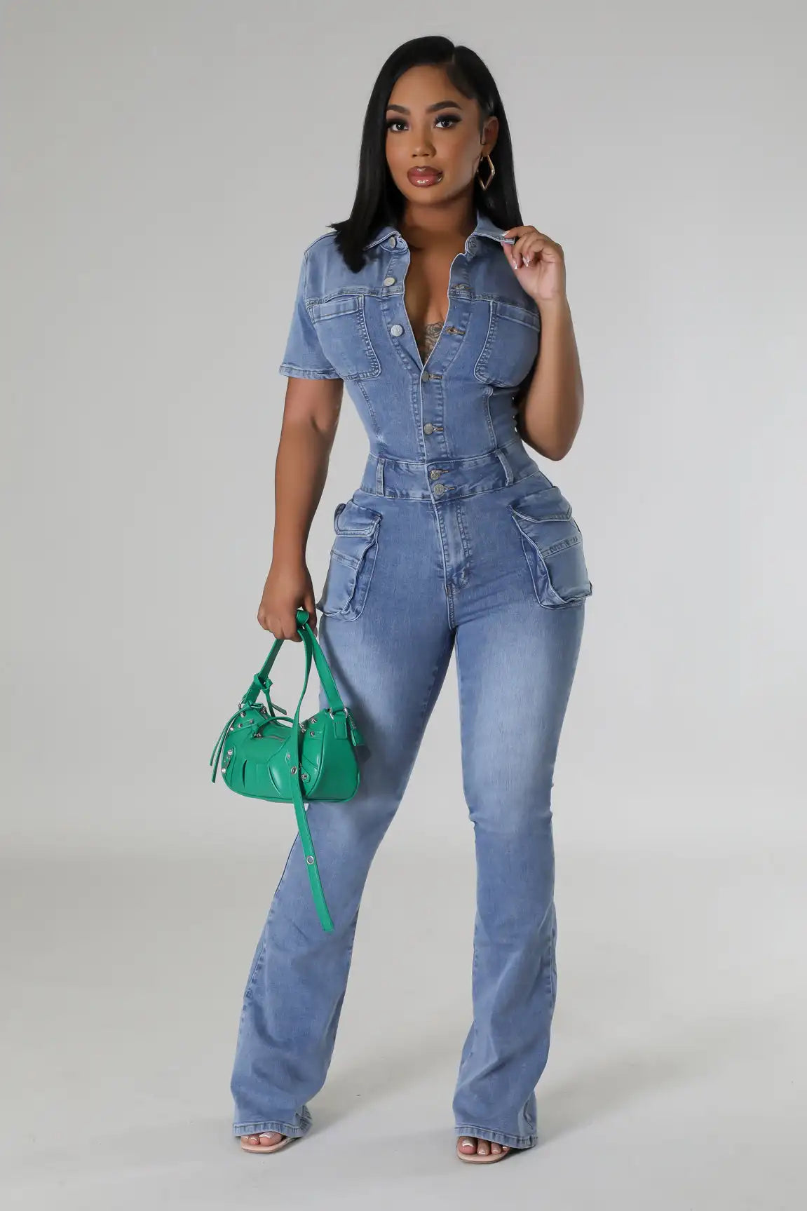 Jeans Jumpsuit Sexy Women Turn Down Collar Elegant Denim Casual Romper