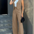 Women's casual slim blazer pant set with notched waistcoat in solid color, sleeveless design.