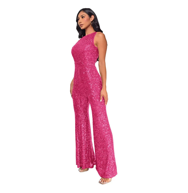 Sleeveless Sequined Jumpsuit Round Neck Slim Fit High Waist Sexy Sprin