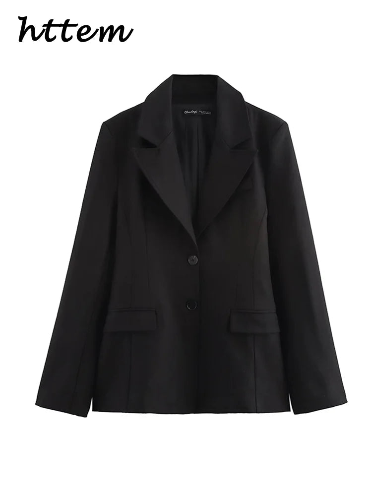 Elegant women's black blazer with a single button, slim lapel, long sleeves, and a regular fit design.