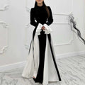 Pleated Dress Color Blocked Flared Sleeves Ladies Elegant Patchwork 