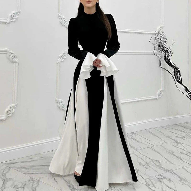 Pleated Dress Color Blocked Flared Sleeves Ladies Elegant Patchwork 