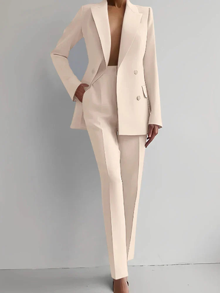 Women's two-piece suit with long sleeve blazer and pencil pants, office lady style.