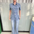 Jeans Jumpsuit Sexy Women Turn Down Collar Elegant Denim Casual Romper