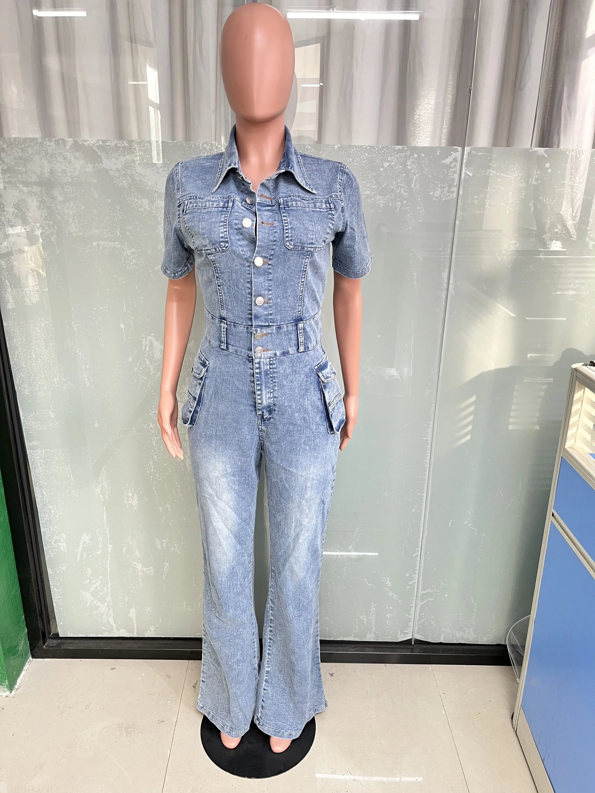 Jeans Jumpsuit Sexy Women Turn Down Collar Elegant Denim Casual Romper