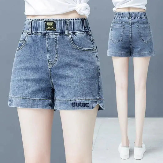 High waisted denim shorts version in large size for slimming effectSPECIFICATIONSBrand Name: NoEnName_NullDecoration: AppliquesFabric Type: KnittingPant Style: regularPattern Type: SolidFit Type: LOOSE FITStyle: CasualMaterial: POLYDMEwomenstorenull