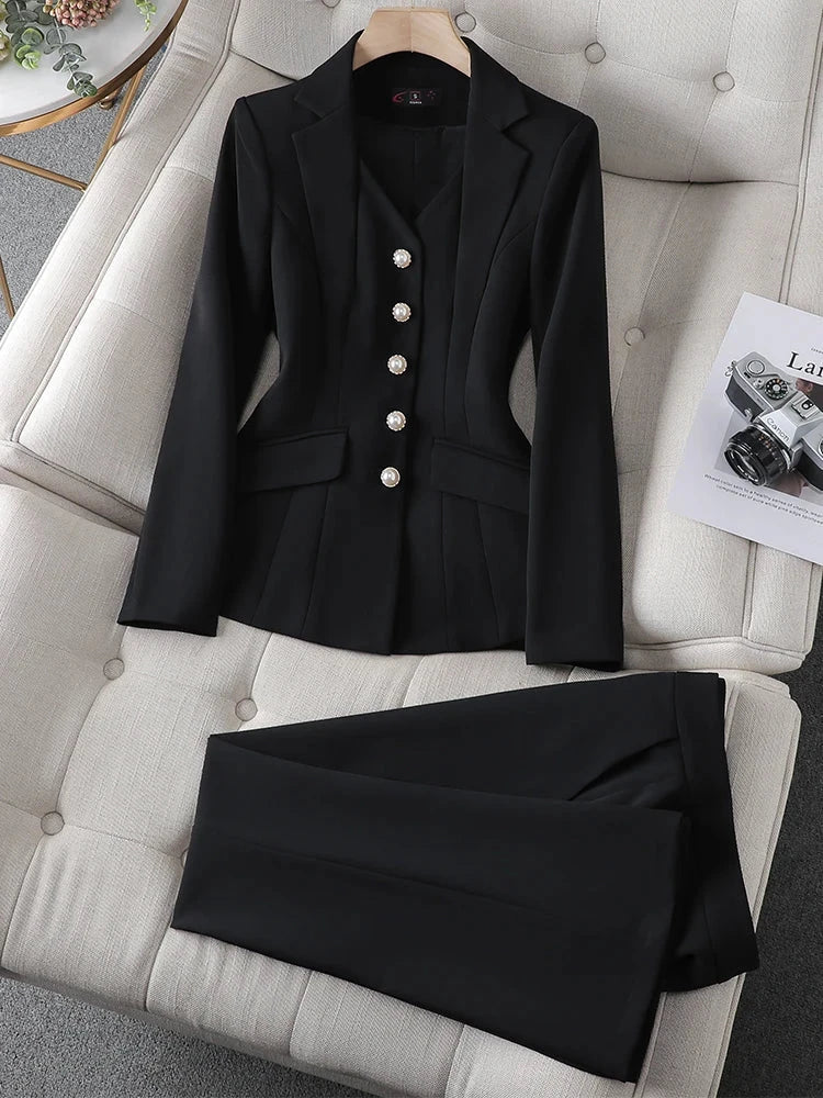 Fashion White Red Black Blazer Jacket And Pant Suit Trousers Women 