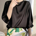 Blouse- Silk Half-Sleeve Tops Basic Solid Women Shirt Casual O-neck