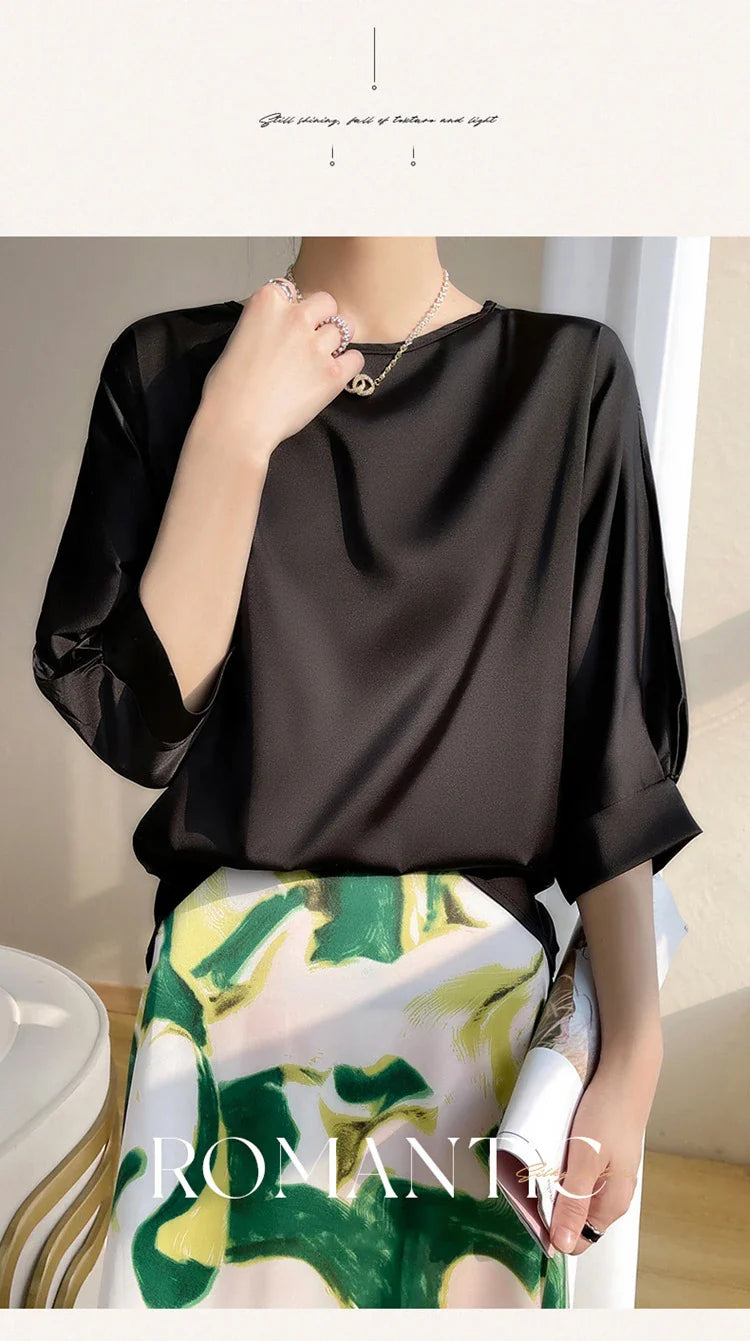 Blouse- Silk Half-Sleeve Tops Basic Solid Women Shirt Casual O-neck