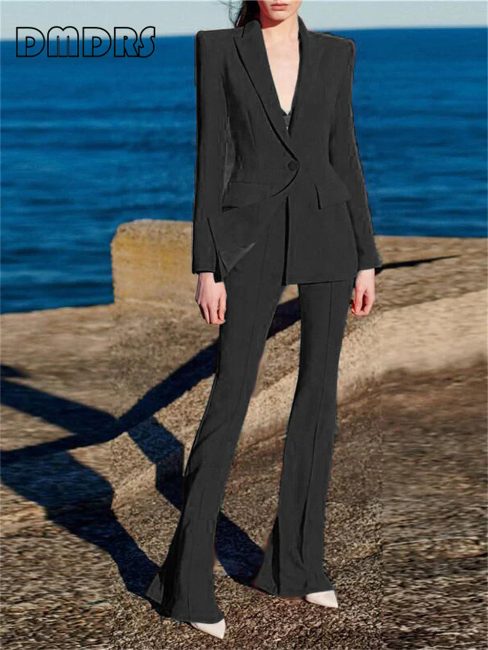 Gradient green slim-fitting women's suit set with spring blazer and flare pants, featuring a notched collar and single button closure.