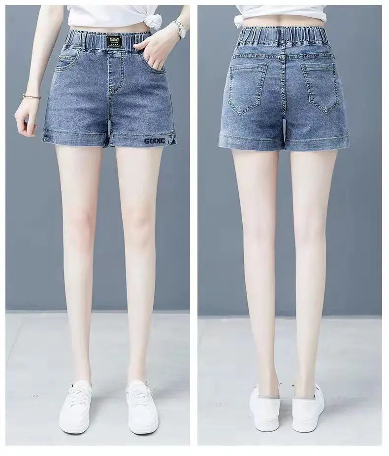 High waisted denim shorts version in large size for slimming effectSPECIFICATIONSBrand Name: NoEnName_NullDecoration: AppliquesFabric Type: KnittingPant Style: regularPattern Type: SolidFit Type: LOOSE FITStyle: CasualMaterial: POLYDMEwomenstorenull