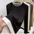 Contrasting Splicing Long Sleeved Round Neck T-shirt Base Shirt Warm TSPECIFICATIONSBrand Name: NoEnName_NullStyle: Office LadyAge: MIDDLE AGEOrigin: Mainland ChinaCN: GuangdongSeason: Autumn/WinterClothing Length: regularDecoration: PDMEwomenstorenull