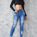 Ankle Length Ripped Hole High Waist Jean Sheath Pencil Denim Pants SkiSPECIFICATIONSBrand Name: kalenmosMaterial: POLYESTERElasticity: Slight StrechFabric Type: CoatedHign-concerned Chemical: NoneLength: Ankle-Length PantsFit Type: SKIDMEwomenstorenull