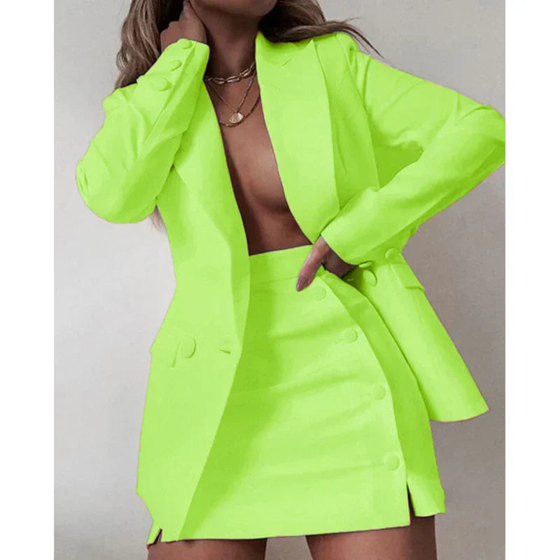 Jacket Sets - Women's 2 Piece Streetwear Blazer & Coat Set, Skirt and Suit