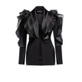 Ladies black blazer coat with ruffles, slim fit, single button closure, shawl collar.