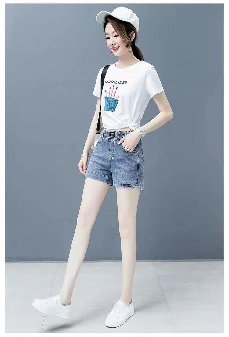 High waisted denim shorts version in large size for slimming effectSPECIFICATIONSBrand Name: NoEnName_NullDecoration: AppliquesFabric Type: KnittingPant Style: regularPattern Type: SolidFit Type: LOOSE FITStyle: CasualMaterial: POLYDMEwomenstorenull