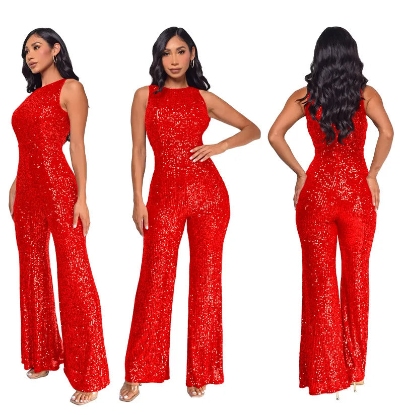 Sleeveless Sequined Jumpsuit Round Neck Slim Fit High Waist Sexy Sprin