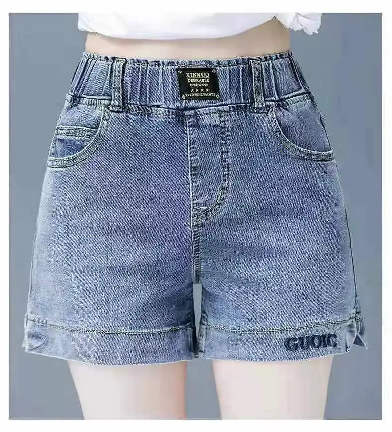 High waisted denim shorts version in large size for slimming effectSPECIFICATIONSBrand Name: NoEnName_NullDecoration: AppliquesFabric Type: KnittingPant Style: regularPattern Type: SolidFit Type: LOOSE FITStyle: CasualMaterial: POLYDMEwomenstorenull