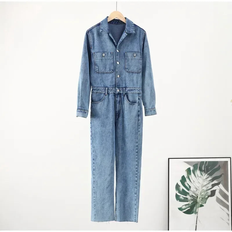 Denim Jumpsuit for Women Overalls Woman Jean Overalls Long Sleeve ElegSPECIFICATIONSBrand Name: NoEnName_NullStyle: StreetwearAge: MIDDLE AGEOrigin: Mainland ChinaCN: GuangdongSeason: Spring/SummerMaterial: POLYESTERDecoration: noneFabDMEwomenstorenull