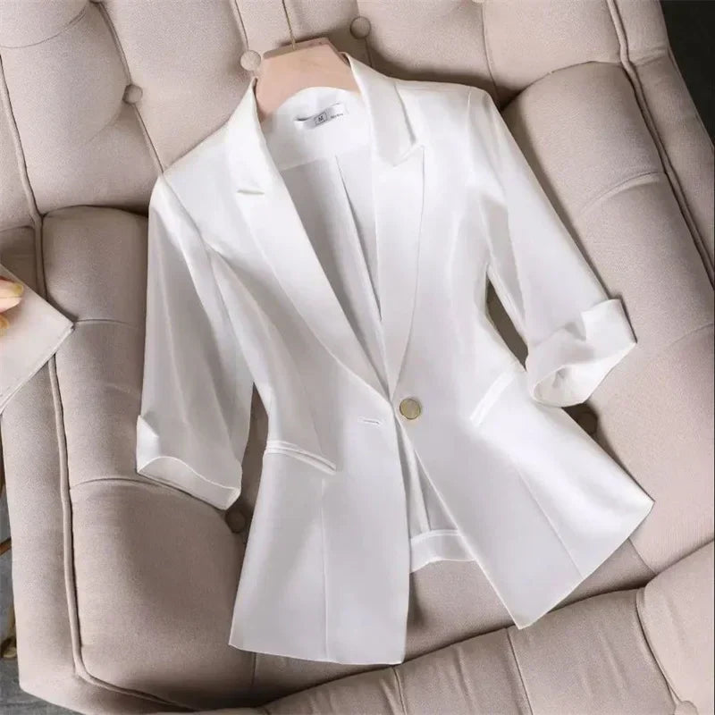 Slim waist white jacket blazer with cropped sleeves for women, summer office style.