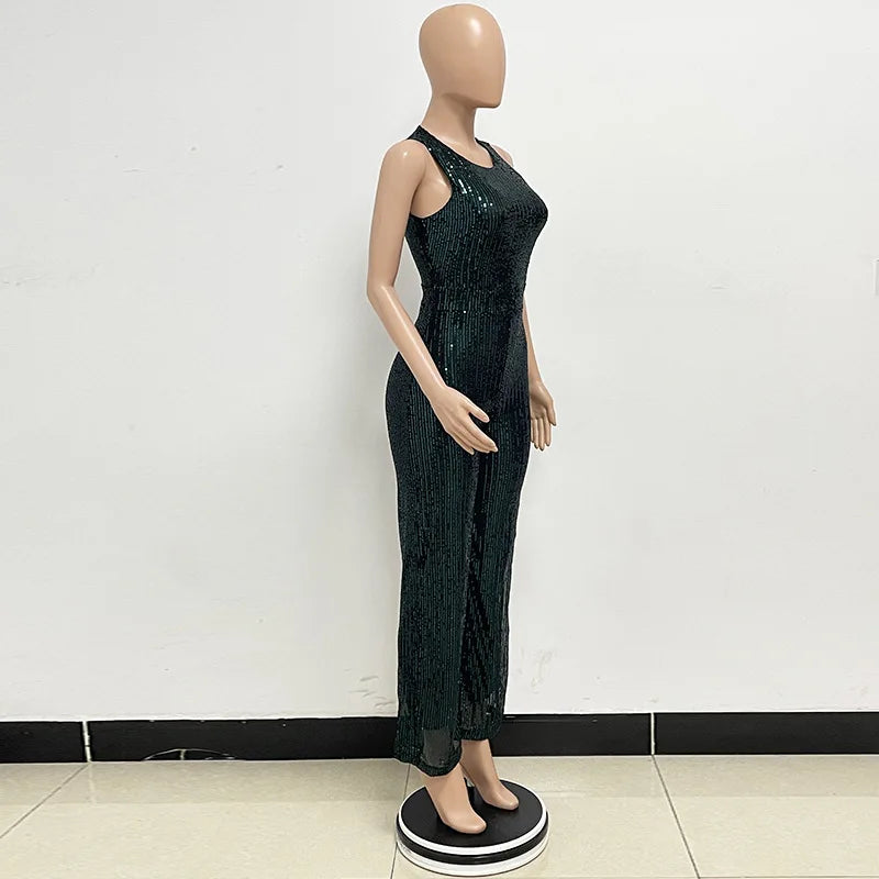 Sleeveless Sequined Jumpsuit Round Neck Slim Fit High Waist Sexy SprinSPECIFICATIONSBrand Name: mandylandyStyle: StreetwearAge: MIDDLE AGEOrigin: Mainland ChinaCN: GuangdongSeason: SummerMaterial: POLYESTERDecoration: SequinedFabric TyDMEwomenstorenull