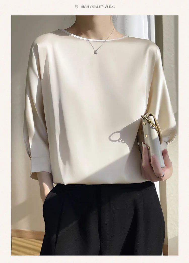 Blouse- Silk Half-Sleeve Tops Basic Solid Women Shirt Casual O-neck