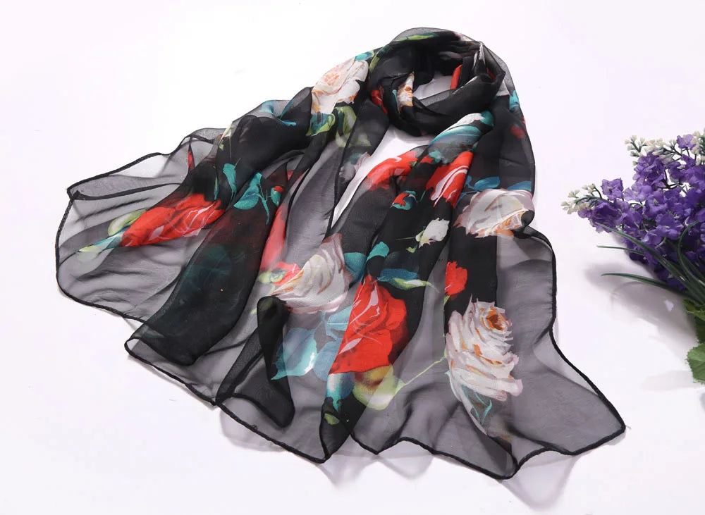 Scarf Women Foulard Shawl Bandana Elegant Beach Sun ProtectionSPECIFICATIONSDepartment Name: ADULTSize: 50*160cm(1cm=0.39in)pattern: RoseApply to season: Spring,Autumn,summerStyle: ElegantColor: Red,Black,Navy blueBrand Name: NDMEwomenstorenull