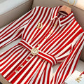 Shirt- High end Stripe Blouse Polo Collar Brooch Top women elegance