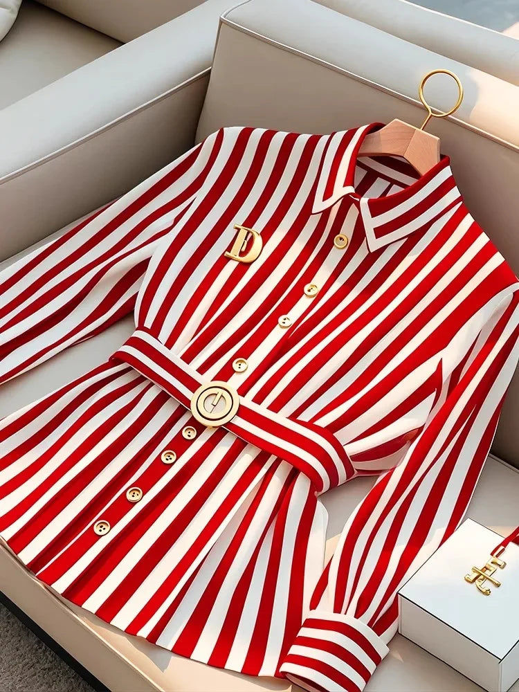 Shirt- High end Stripe Blouse Polo Collar Brooch Top women elegance