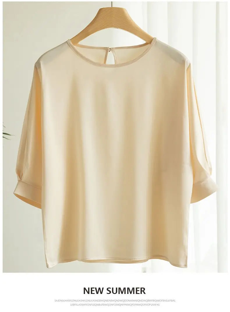 Blouse- Silk Half-Sleeve Tops Basic Solid Women Shirt Casual O-neck