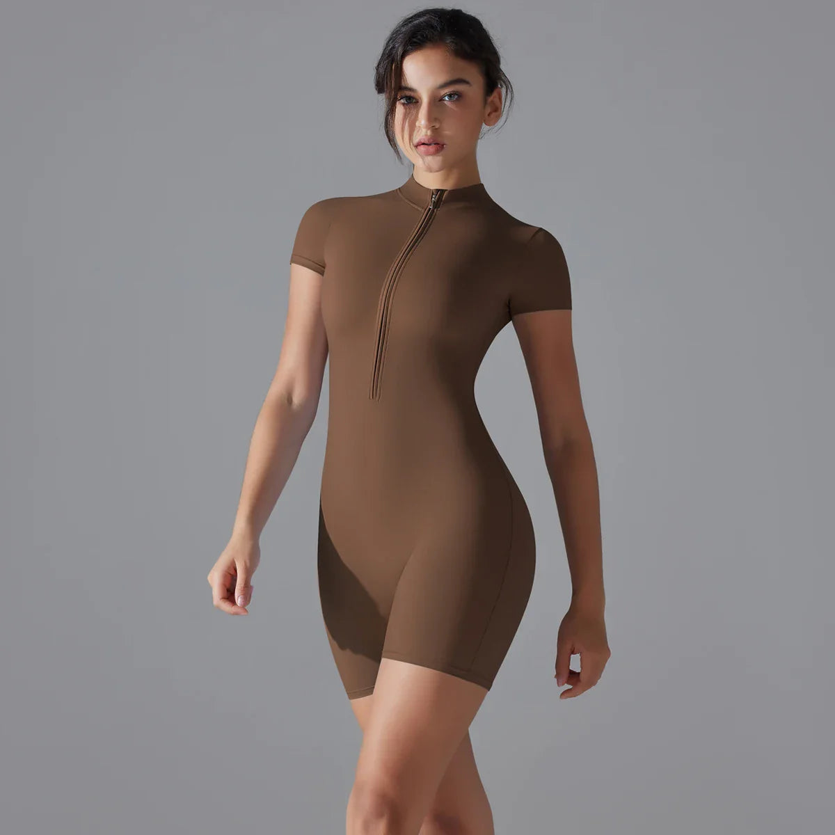 Rompers One-Piece Suit Zipper Short Sleeve Push Up Workout Clothes BodSPECIFICATIONSBrand Name: RooftrellenAge: MIDDLE AGEMaterial: SPANDEXMaterial: NylonElasticity: High StrecthFabric Type: NylonStyle: Office LadyHign-concerned ChemicDMEwomenstorenull