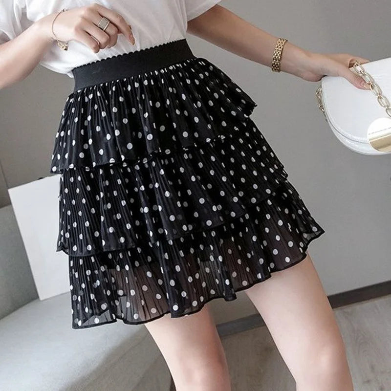 Skirts- Elastic High Waist Sweet Chiffon Ruffled Mini Pleated Skirt