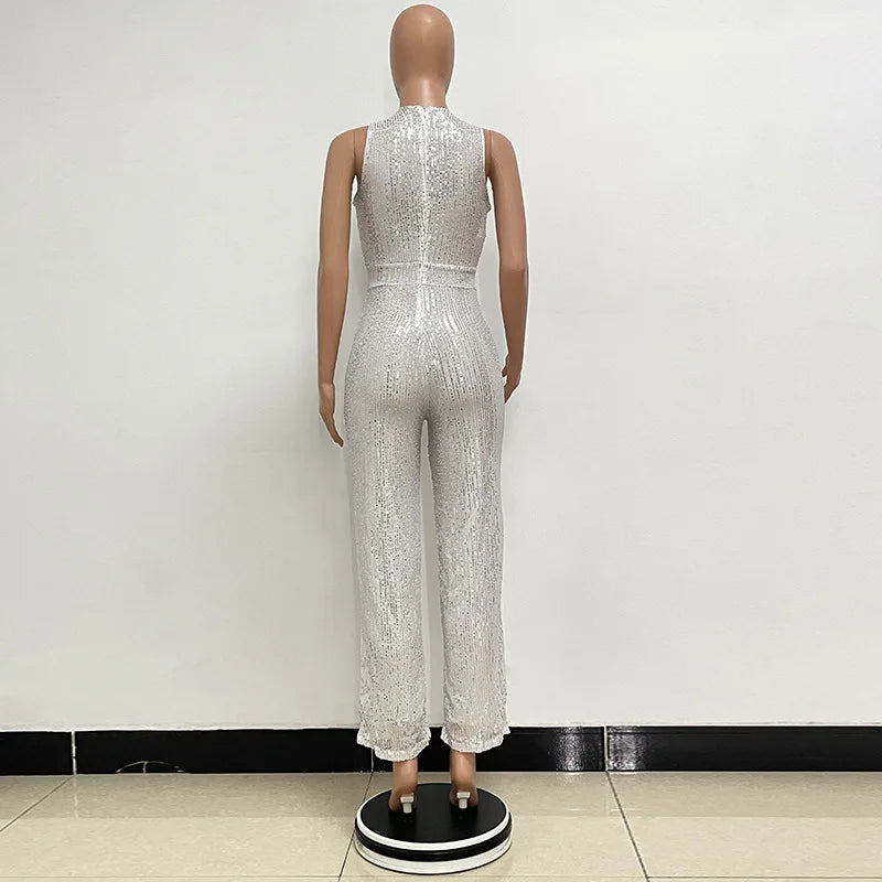 Sleeveless Sequined Jumpsuit Round Neck Slim Fit High Waist Sexy Sprin