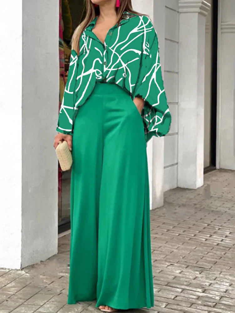 2-Pieces Set Print Blouse Solid High Waist Wide Leg Pants Elegant Lady