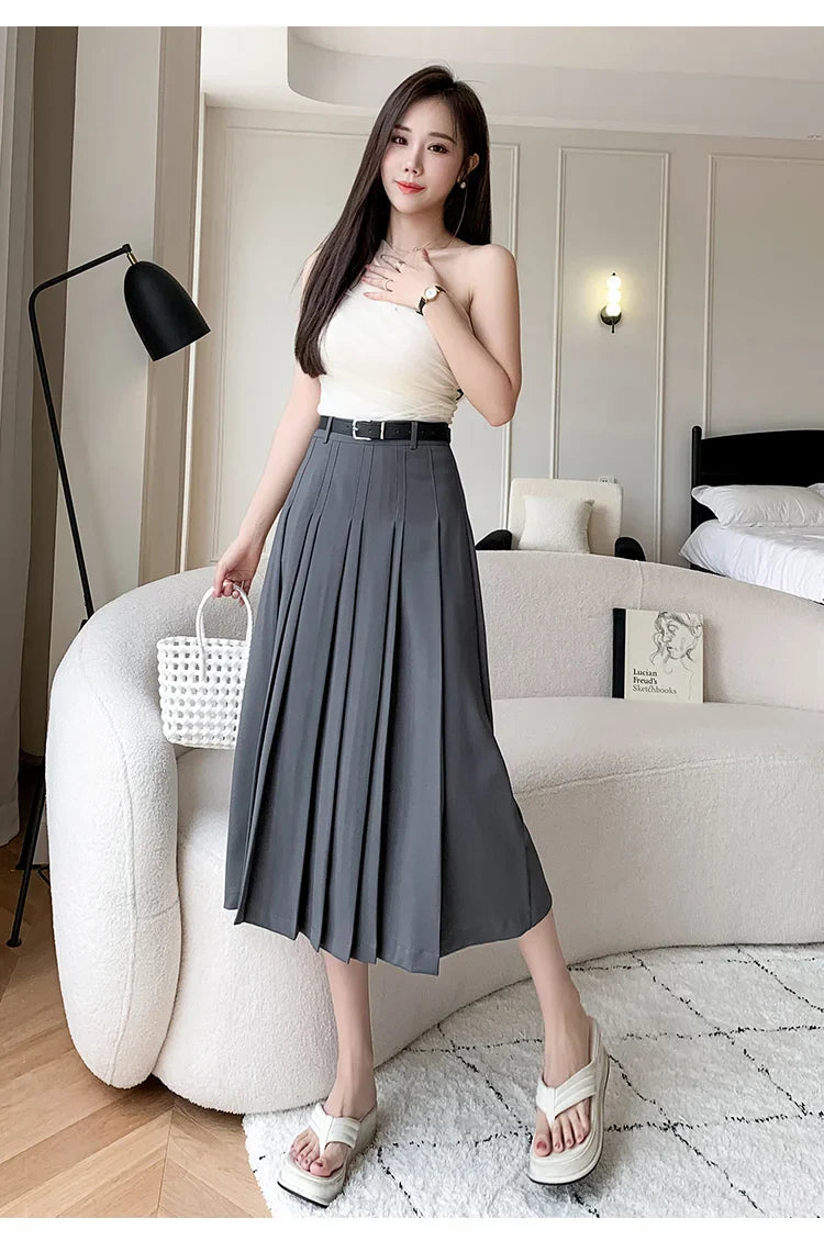 High Waist Midi Pleated Skirts Women's Fashion A-line Casual Suit SkirSPECIFICATIONSBrand Name: YUAZHOQIMaterial: POLYESTERStyle: CasualElasticity: Non StrechOrigin: Mainland ChinaCN: GuangdongSeason: Spring/SummerFabric Type: BroadcloDMEwomenstorenull