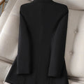 Women's long sleeve black blazer with triple breasted closure, notched collar, and synthetic fabric for a casual look.