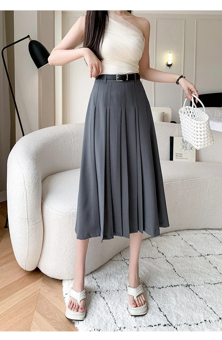 High Waist Midi Pleated Skirts Women's Fashion A-line Casual Suit SkirSPECIFICATIONSBrand Name: YUAZHOQIMaterial: POLYESTERStyle: CasualElasticity: Non StrechOrigin: Mainland ChinaCN: GuangdongSeason: Spring/SummerFabric Type: BroadcloDMEwomenstorenull