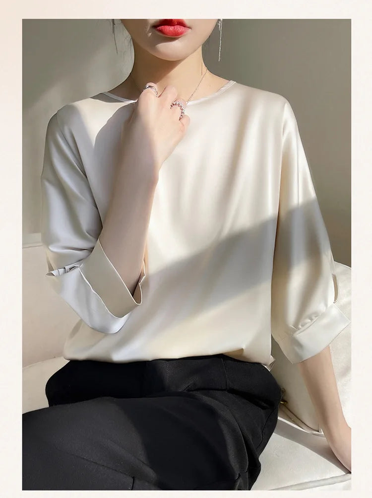 Blouse- Silk Half-Sleeve Tops Basic Solid Women Shirt Casual O-neck