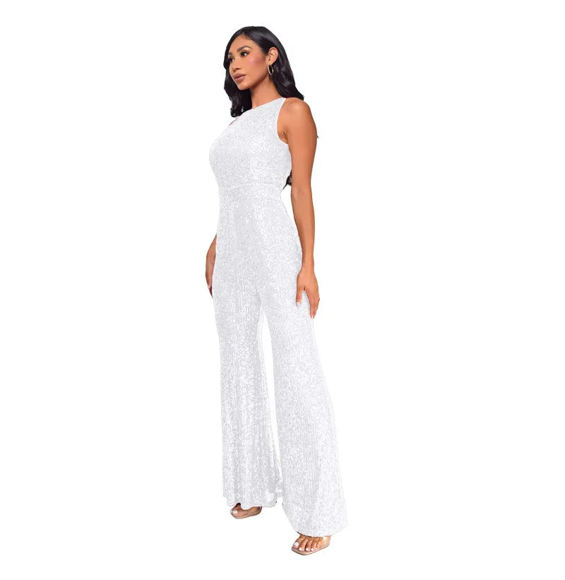 Sleeveless Sequined Jumpsuit Round Neck Slim Fit High Waist Sexy Sprin