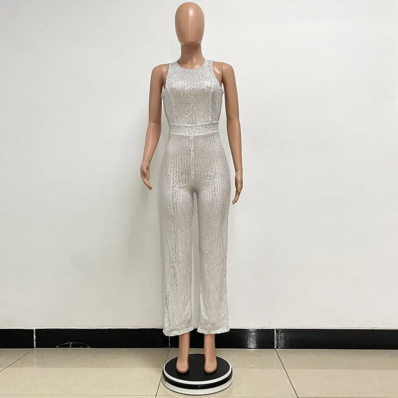 Sleeveless Sequined Jumpsuit Round Neck Slim Fit High Waist Sexy Sprin