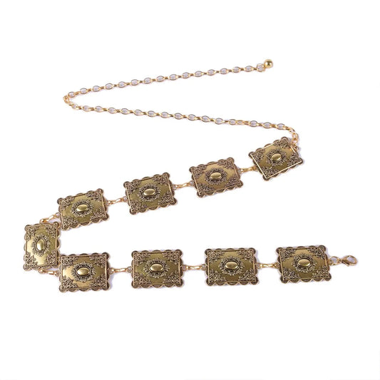 Fashionable retro style metal carved decorative chain waist chain acceSPECIFICATIONSBrand Name: NoEnName_NullDepartment Name: ADULTBelts Material: MetalOrigin: Mainland ChinaCN: ZhejiangGender: WOMENChoice: yesDMEwomenstorenull