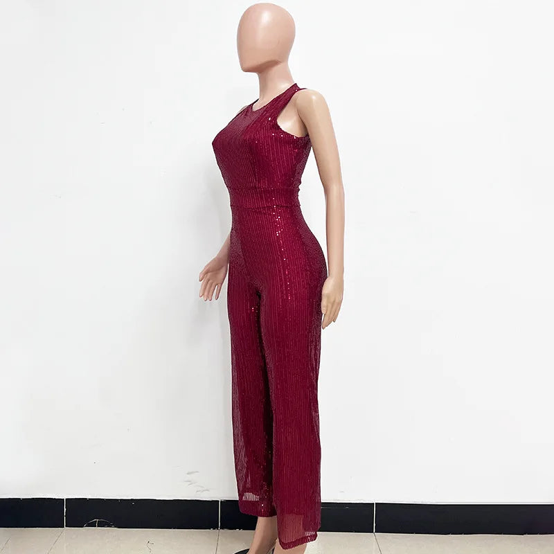 Sleeveless Sequined Jumpsuit Round Neck Slim Fit High Waist Sexy SprinSPECIFICATIONSBrand Name: mandylandyStyle: StreetwearAge: MIDDLE AGEOrigin: Mainland ChinaCN: GuangdongSeason: SummerMaterial: POLYESTERDecoration: SequinedFabric TyDMEwomenstorenull