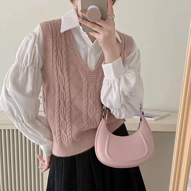 V-neck Sweater Vest Solid Sleeveless Preppy Style Sweet Knitted Vest FSPECIFICATIONSBrand Name: HeliarStyle: CasualCraft of Weaving: KnitAge: MIDDLE AGEOrigin: Mainland ChinaCN: GuangdongSeason: Autumn/WinterThickness: StandardDecoratiDMEwomenstorenull