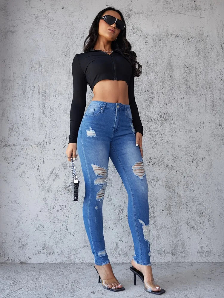 Ankle Length Ripped Hole High Waist Jean Sheath Pencil Denim Pants SkiSPECIFICATIONSBrand Name: kalenmosMaterial: POLYESTERElasticity: Slight StrechFabric Type: CoatedHign-concerned Chemical: NoneLength: Ankle-Length PantsFit Type: SKIDMEwomenstorenull