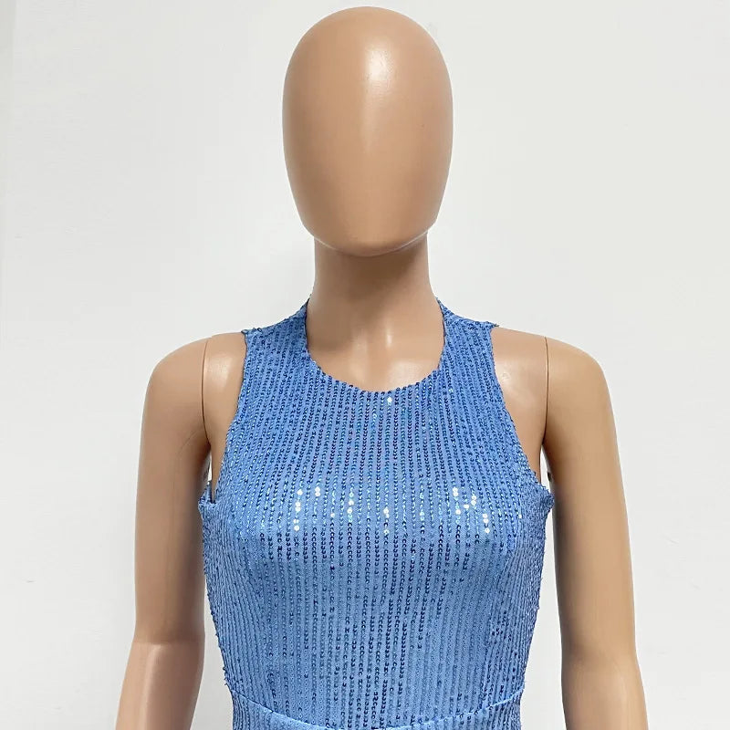 Sleeveless Sequined Jumpsuit Round Neck Slim Fit High Waist Sexy SprinSPECIFICATIONSBrand Name: mandylandyStyle: StreetwearAge: MIDDLE AGEOrigin: Mainland ChinaCN: GuangdongSeason: SummerMaterial: POLYESTERDecoration: SequinedFabric TyDMEwomenstorenull