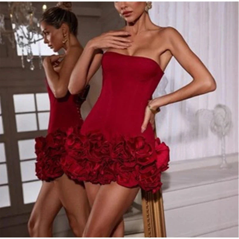 Sexy Flowers Red Short Party Dress Women Flower Patchwork Dresses StraSPECIFICATIONSBrand Name: LLYGEElasticity: Slight StrechSleeve Style: StraplessFabric Type: POLYESTERHign-concerned Chemical: NonePattern Type: SolidFit Type: slim fDMEwomenstorenull